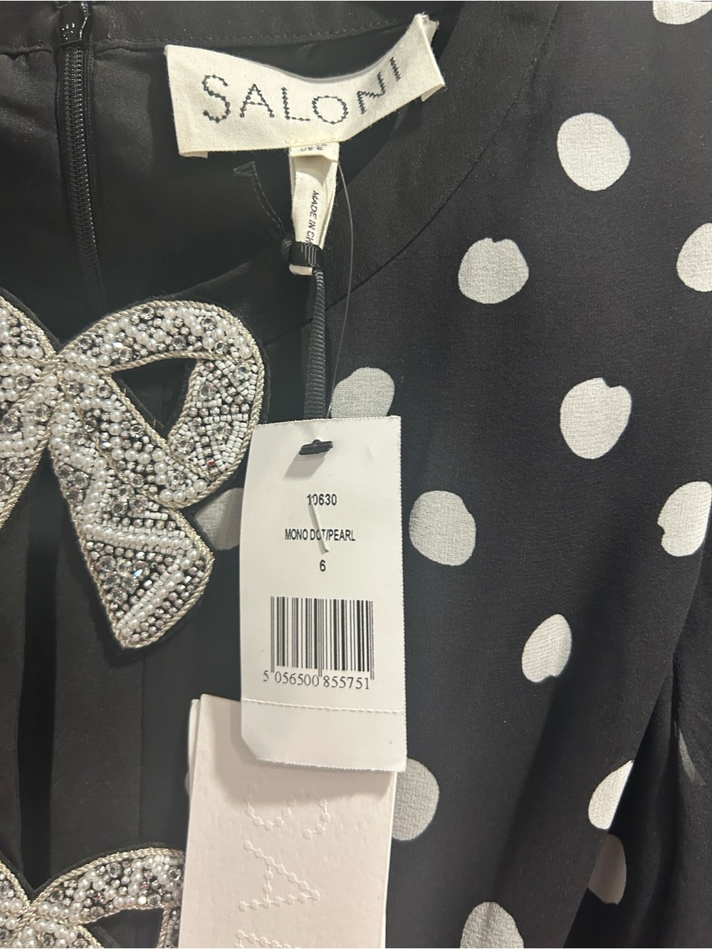 SALONI Black and White Polka Dot Dress with Jeweled Bows NWT - Picture 4 of 10